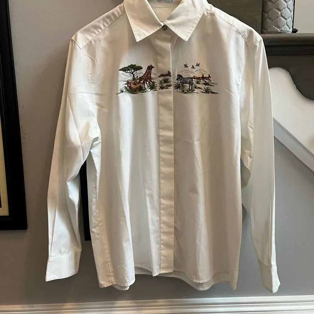 Froxcroft Safari Embroidered Button Down Shirt sz 12 EUC